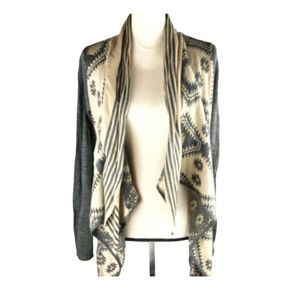 Charlotte Russe Aztec Cardigan Open Sweater Gray Tan Geometric Size XS